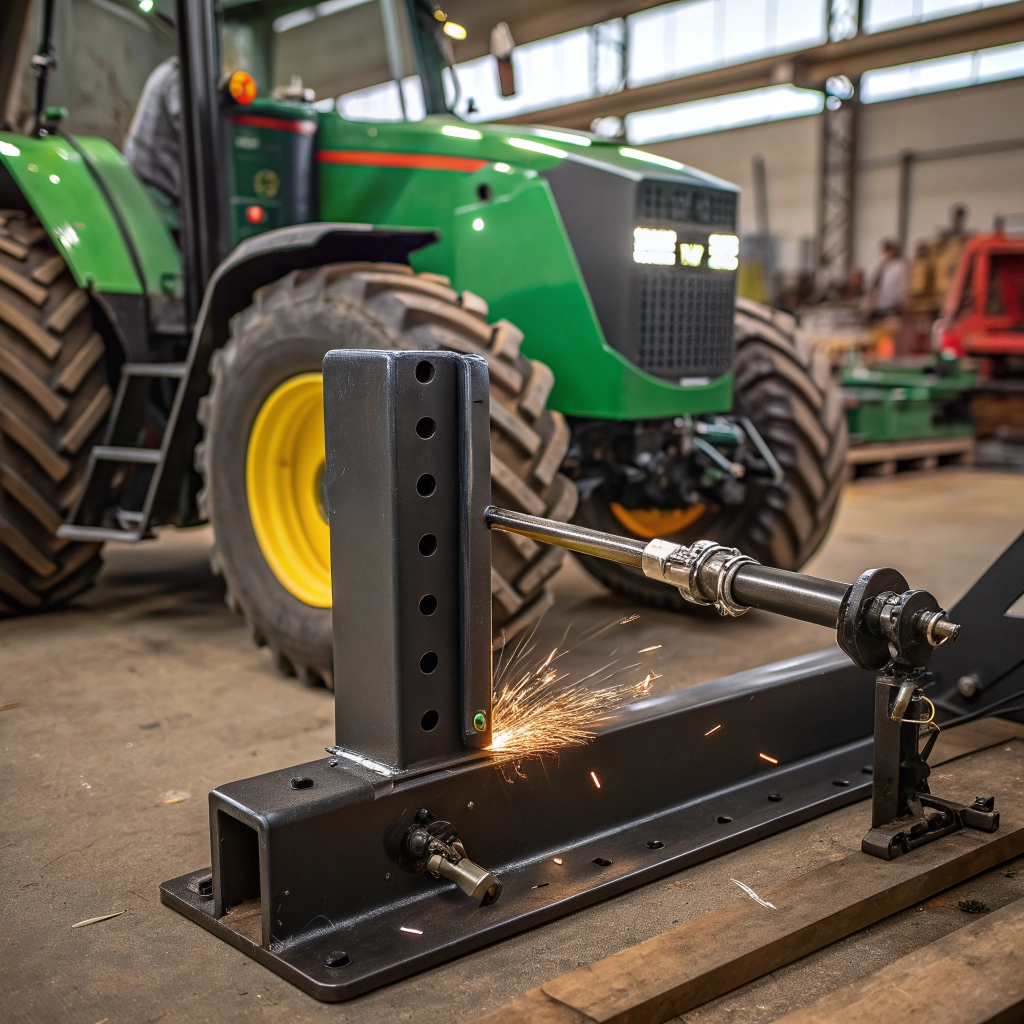 Custom-made agricultural attachment for a tractor, showing precision engineering.